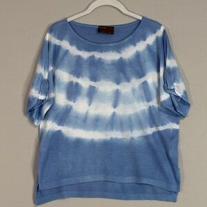 Kerisma Blue White Tie Dye Boat Neck Knit Top High Low Hem S/M (M3600)
